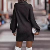 Vestido corto de ganchillo para mujer, minivestido de punto de cuello alto, holgado, de manga larga, estilo Retro, talla Xxl - details 2