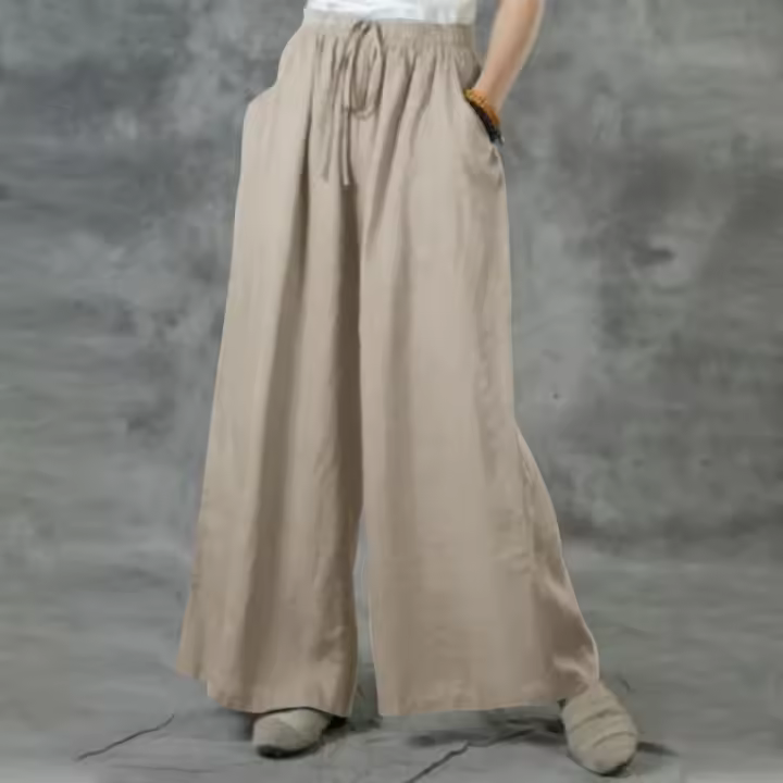 Nuevos pantalones de pierna ancha informales de talla grande de verano, pantalones de cintura elástica de lino y algodón de Color sólido, pantalones con cordón de calle para mujer - 1
