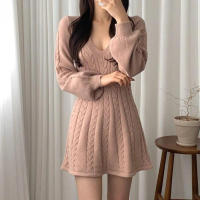 Vestido corto de punto para mujer, prenda elegante de manga larga con cuello de pico, ajustado, color negro, novedad de invierno - details 9
