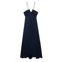 OUWU- Vestido Camisola De Gasa Con Lunares Y Cuello En V, Color Azul Profundo, Falda Larga, Sensación Elegante Y Lujosa - details 1