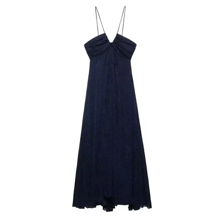 OUWU- Vestido Camisola De Gasa Con Lunares Y Cuello En V, Color Azul Profundo, Falda Larga, Sensación Elegante Y Lujosa - 1