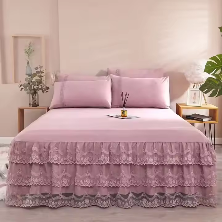Funda, Sábana de falda tamaño Queen/King, Faldas lisas de color sólido para cama Dou - 1