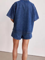 Trajes de verano para mujer, camisa de manga corta con botones de mezclilla de Color sólido y pantalones cortos elásticos, ropa de calle para discoteca, ropa de moda - details 6
