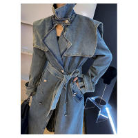 Abrigo de mezclilla largo para mujeres, trench de otoño e invierno, de manga larga, con cuello tipo chal, doble botonadura, con - details 4