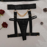 Conjunto de cuatro piezas de sujetador de encaje hueco elástico con cadena de Metal artesanal Sexy a la moda para mujer - details 5