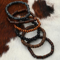 Conjunto de pulsera de cuentas de madera para hombre, diseño de pulsera de cuentas hecha a mano, estilo nacional, Retro, multicolor, línea elástica, 6 uds. - details 4