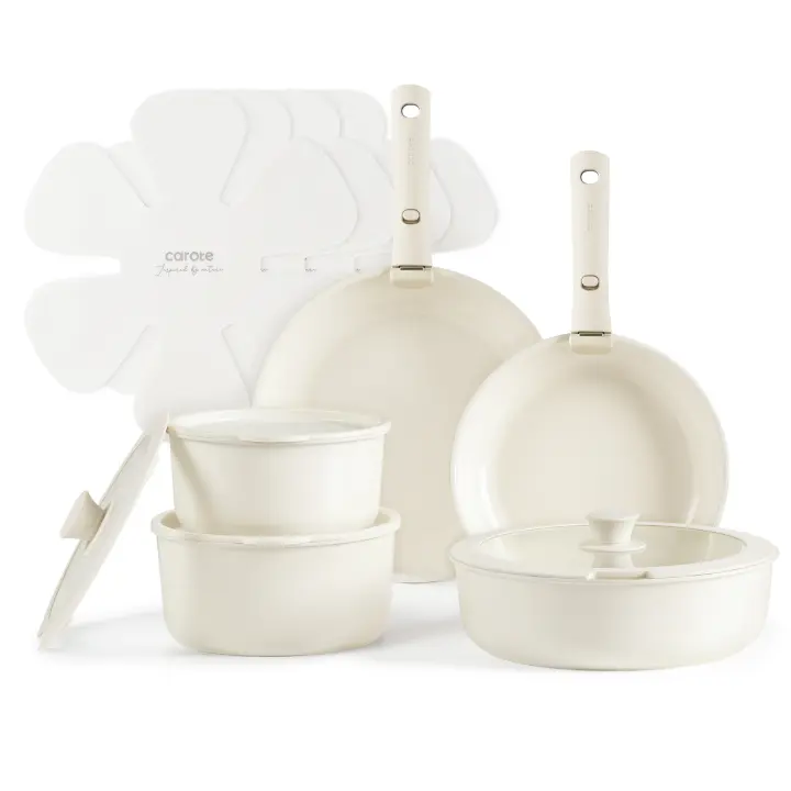 CAROTE Juego de utensilios de cocina de cerámica de 15 piezas, juego de ollas y sartenes antiadherentes, juegos de utensilios de cocina de Inducción Cocina, juego de utensilios de cocina antiadherentes para RV con mango desmontable, lavavajillas/ horno se - 1