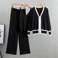Nuevo En 2023 Conjunto De Moda Para Mujer 3 Piezas Vest Top + Chaqueta De Cremallera Larga + Pantalones Con Cintura Elástica Traje De Pista Tejido - details 2