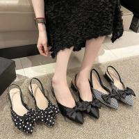 Zapatos de tacón para mujer, zapatos de tacón con lazo y punta estrecha a la moda, tacones de lunares a cuadros, Sandalias de tacón pequeño sin cordones, zapatos finos informales - details 1