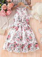 Romántico estampado floral de verano para niñas, vestido halter informal empalmado para vacaciones, cinturón y tacón con volantes - details 0