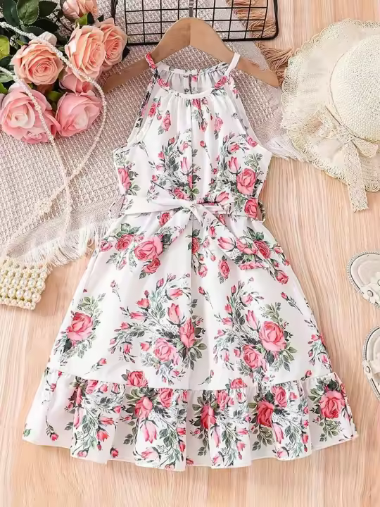 Romántico estampado floral de verano para niñas, vestido halter informal empalmado para vacaciones, cinturón y tacón con volantes - 1