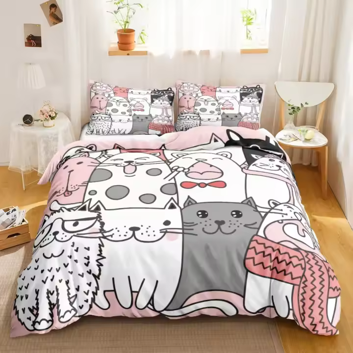 Conjunto de Ropa de Cama de Gato Lindo Impreso a Una Española Dulce Sueño de Poliéster para Dormitorio - 1
