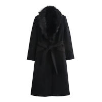 TRAFZA mujer nueva moda elegante manga larga bolsillo Casual prendas de vestir exteriores mujer invierno otoño cuello de piel cinturón decorar chaqueta abrigo - details 4