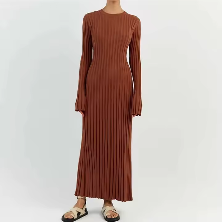 Vestido elegante de punto acanalado de manga larga con cuello redondo y cintura larga para mujer, estilo vintage de los años 90 - 1