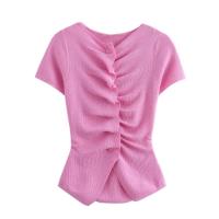 OUWU- Colección Europea Y Americana De 24 Otoño, Nuevo Estilo, Cierre De Botón, Decoración De Volantes, Cuello Redondo, Manga Corta, Top De Punto Para Mujer - details 1