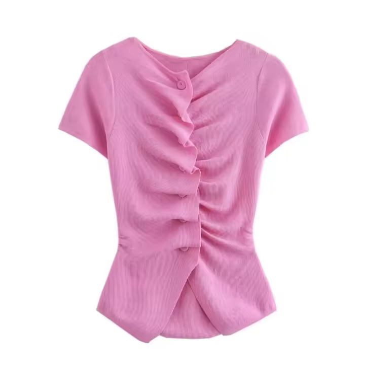 OUWU- Colección Europea Y Americana De 24 Otoño, Nuevo Estilo, Cierre De Botón, Decoración De Volantes, Cuello Redondo, Manga Corta, Top De Punto Para Mujer - 1