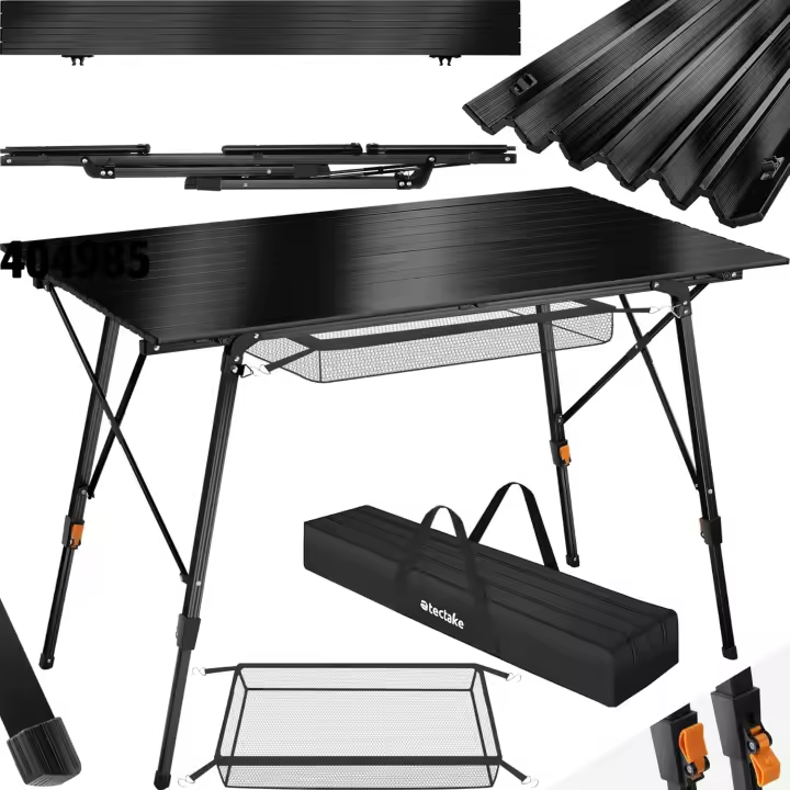 Mesa Camping Plegable con Altura Ajustable, Mesa Auxiliar de Aluminio con Topes, Mesa Exterior para Jardín, Terraza, Picnic, con Red Almacenamiento y Bolsa de Transporte, 120x70,5x79 - Negra - 1