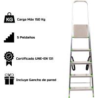 Escalera de Tijera Plegable, Marca Española. Escalera de Aluminio, 5 peldaños, con Gancho de Pared, Multiusos, Antideslizante, Ligera y Resistente, Escalera Doméstica, Fácil Transporte - details 4