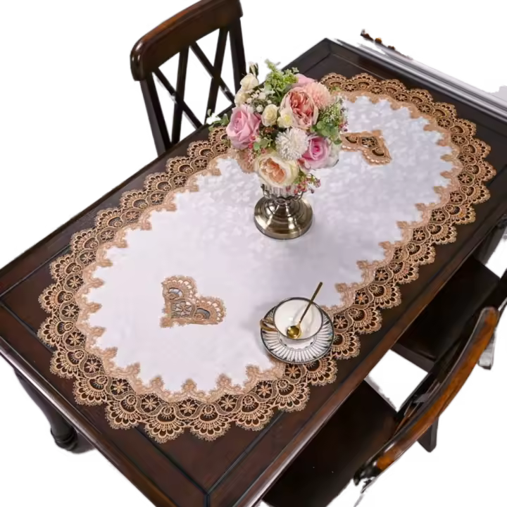 Mantel de encaje ovalado con bordado de flores, cubierta para mesa de té a prueba de aceite Vintage, mantel individual exquisito de Dacron para mesa de centro y sala de estar - 1