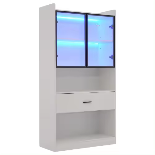 Gabinete de Almacenamiento con Luz Estante de Exhibición de Coleccionables con Puertas de Vidrio Emergentes 16 Colores Disponibles Ideal para Sala de Estar Blanco o Negro - 1
