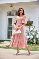 Vestido de manga corta fruncido con cuello cuadrado y espalda descubierta a la moda para mujer - details 2