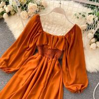 Nuevo modelo de vestido maxi elegante con cuello cuadrado para mujer, gasa lisa con mangas abullonadas, bata de fiesta en la playa, vestidos con volantes vintage - details 9