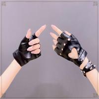 Guantes de medio Dedo de cuero PU para mujer, mitones góticos, corazón de Hip Hop, negro, blanco, hueco, Lolita JK, Anime coreano - details 2