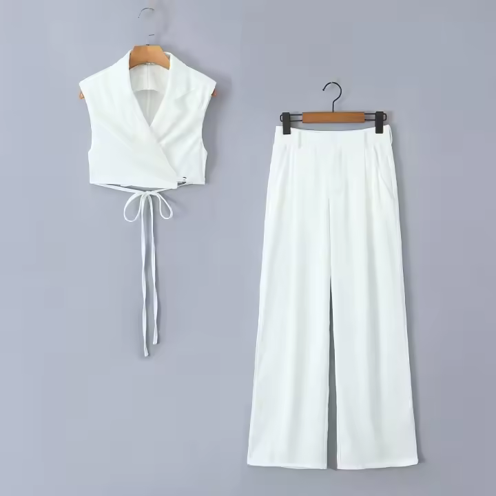 Conjunto de Dos Piezas para Mujer OUWU Chaleco Corto con Lazo y Pantalones Rectos de Cintura Alta con Cremallera Moda Urbana Chic - 1