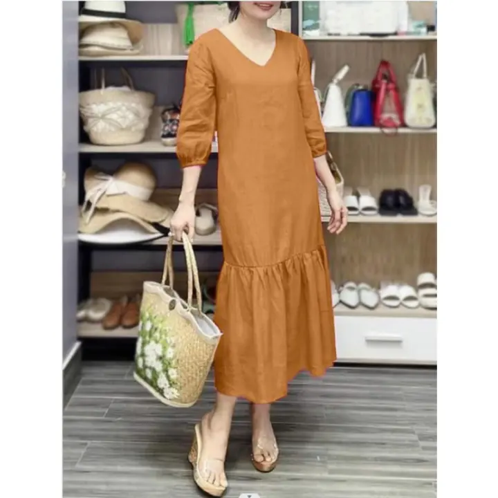 Falda de cola de pez para mujer, vestido suelto de algodón y lino, talla grande, a la moda - 1