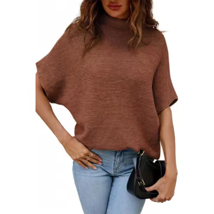ELRACHEN Suéter de manga corta con cuello alto y manga de murciélago para mujer, color café, tallas S-XL - 1
