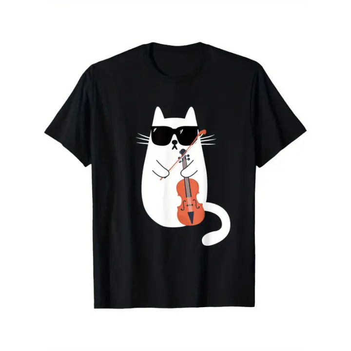 Gato violinista divertido y de moda con gafasTCamiseta，100% Algodón Cómodo Transpirable Verano Invierno Estilo Deportivo Casual - 1