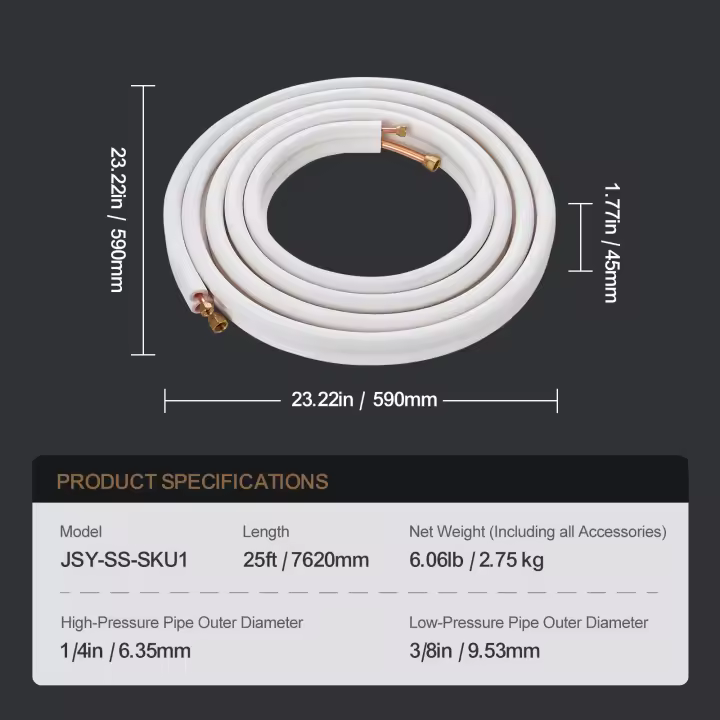 SucceBuy Juego de mini líneas divididas de 7620 mm, tubos de cobre de 6,4 y 12,7 mm de diámetro exterior con aislamiento de triple capa, para aire acondicionado y HVAC, incluye tiras de envoltura - 1