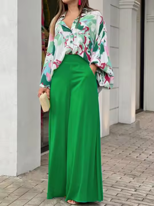 Conjunto de camisa de manga larga floral casual de dos piezas y pantalón ancho - 1