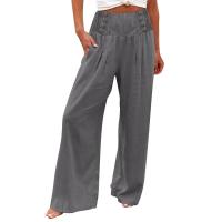 Pantalones largos sueltos de lino y algodón de pierna ancha para mujer con cintura elástica informal de primavera y verano - details 17