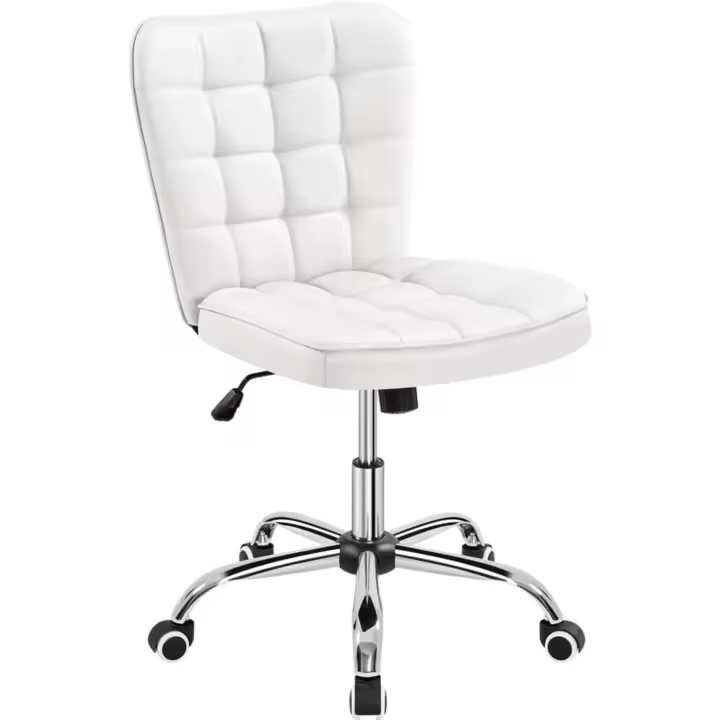 Oficina sin Reposabrazo Silla Oficina Tapizada de Cuero PU Silla con Ruedas Silla Ergonómica Base Metal Blanca - 1