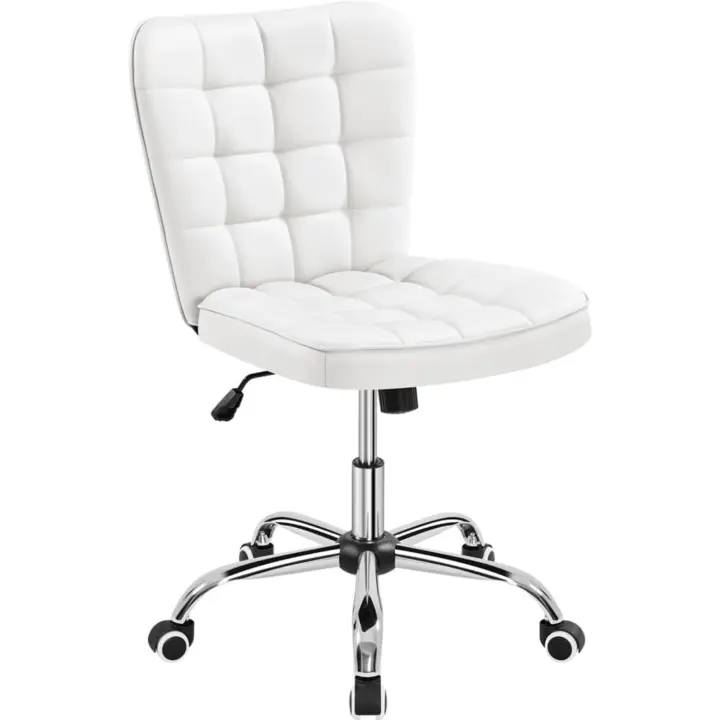 Oficina sin Reposabrazo Silla Oficina Tapizada de Cuero PU Silla con Ruedas Silla Ergonómica Base Metal Blanca - 1