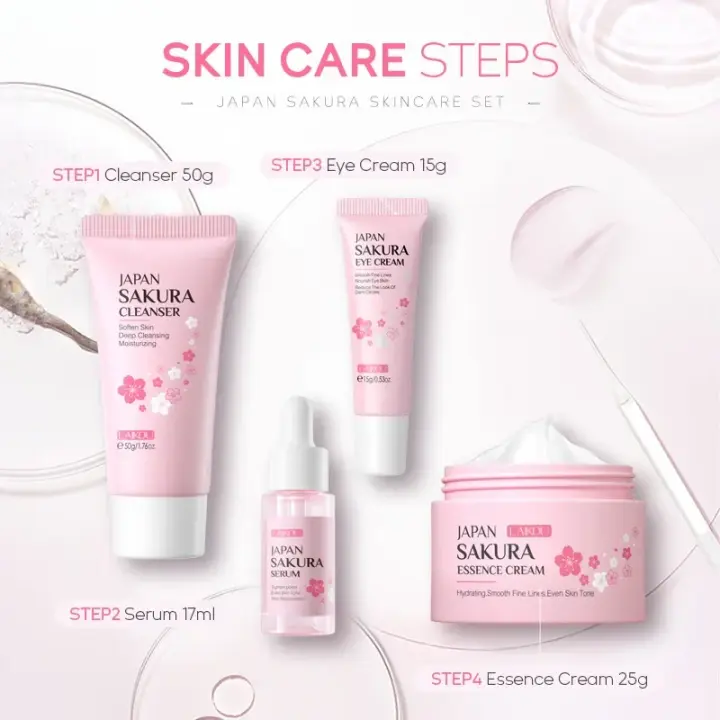 LAIKOU Sakura Kit de Cuidado de la Piel de 4 Piezas Limpiador Facial, Crema para los Ojos, Esencia de Serum Facial, Aceite Nutritivo Rejuvenección de la Piel - 1