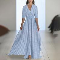 2025 Nueva Ropa mujer, Vestido largo estampado cuello pico, Azul - details 19