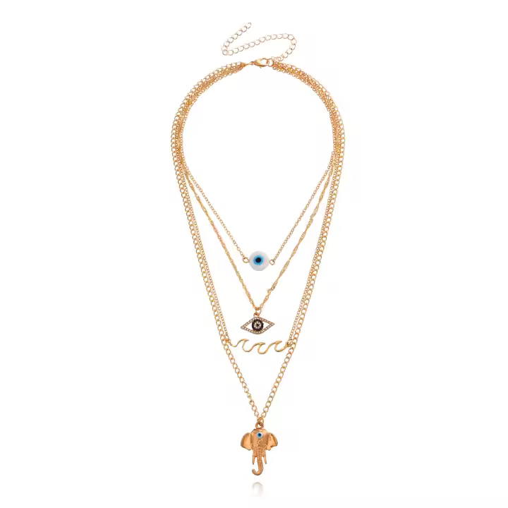 Collar con colgante de nariz de elefante y ojo de demonio azul, cadena fina multicapa a la moda para mujer - 1