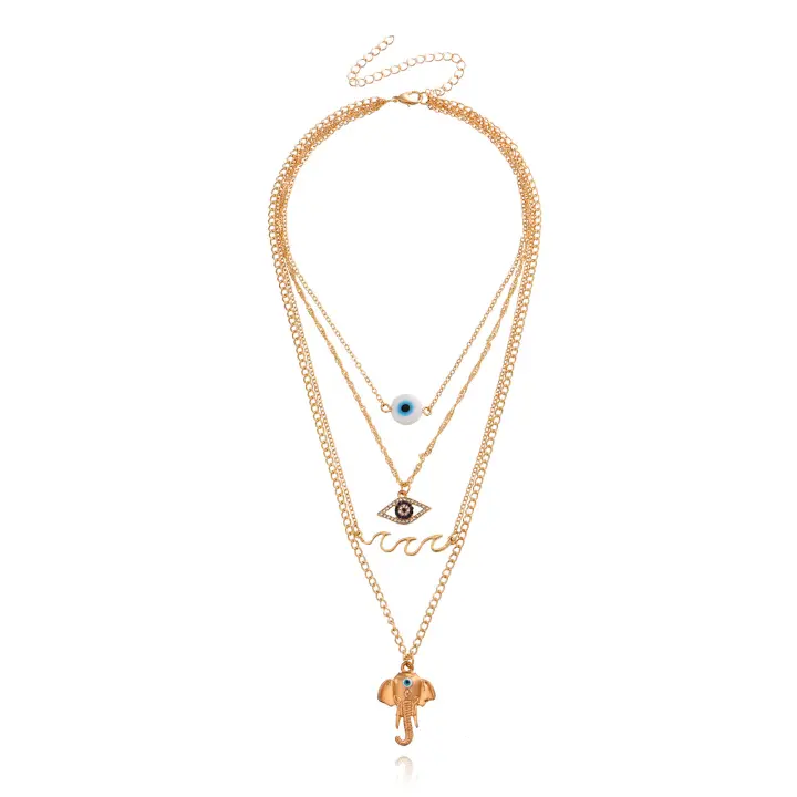 Collar con colgante de nariz de elefante y ojo de demonio azul, cadena fina multicapa a la moda para mujer - 1