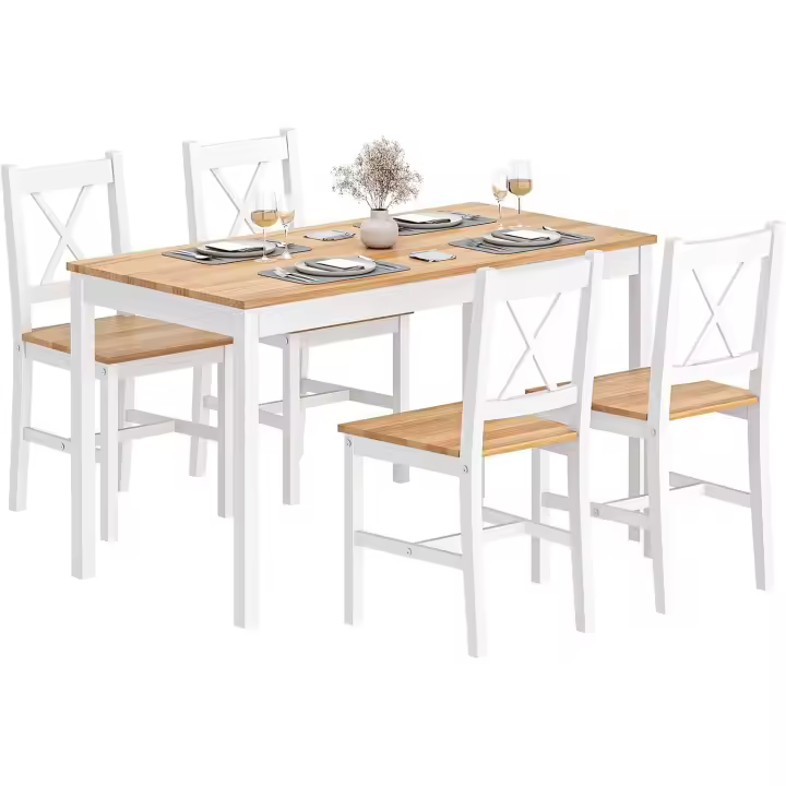 Juego de 5 Piezas de Mesa de Comedor con 4 Sillas, Conjunto de Muebles de Cocina de Madera de Pino Teca/Blanco - 1