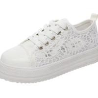 Zapatos de mujer 2025 Moda de verano, zapatos blancos informales, cortes de encaje de lona, zapatos planos de plataforma transpirables - details 4