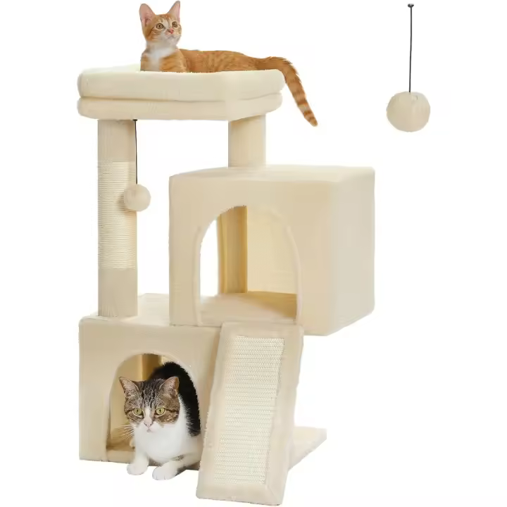Rascador con doble condominio para gatos de casa, casa todo en uno con barra acolchada, rampa y postes y bolas intercambiables, color beige - 1