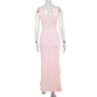 Vestido Maxi de Verano Elegante sin Mangas con Volantes Sexys Cuello en V Profundo, Espalda Alta, Abierto hasta la Coxa - details 2