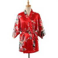 Kimono japonés con estampado de pavo real para mujer, ropa de dormir de estilo corto de satén de seda, camisón de casa, bata de baño, disfraz - details 2