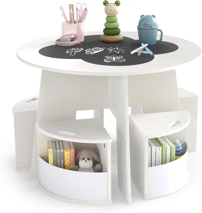Juego de mesa y sillas para niños de 5 piezas, tablero de pizarra para escribir, mesa redonda apilable infantil con 4 taburetes de almacenamiento para actividades, arte, lectura (rosa) - 1