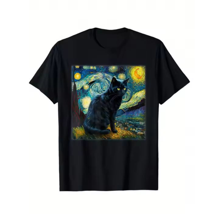 Camiseta con diseño del gato negro de la Noche Estrellada de Van Gogh para amantes de los gatos. 100% algodón, corte holgado, informal, para hombre. Lavable a máquina. Tallas S a XXXL. Camiseta con estampado de gato. - 1