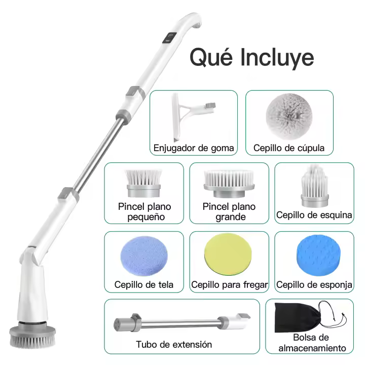 Cepillo de limpieza eléctrico inalámbrico, dispositivo de limpieza giratorio para ducha, cocina y baño, con 8 cepillos reemplazables - 1