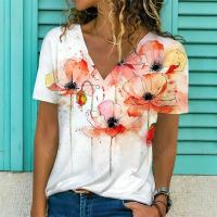 Camiseta de Manga Corta con Cuello en V Moda Blanca para Mujeres Estampado 3D de Lavanda - details 9