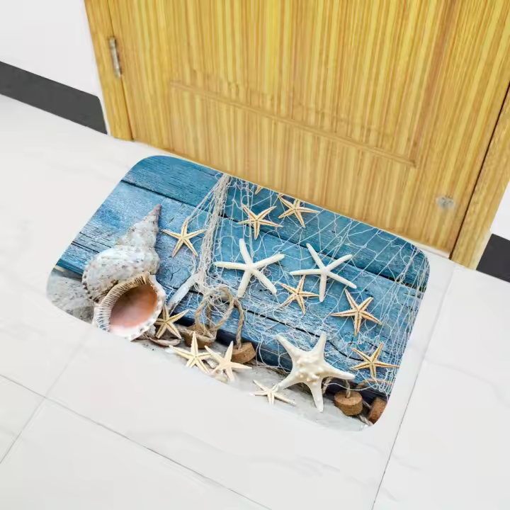 Alfombra de suelo de cocina con patrón de concha de playa, alfombra suave antideslizante a prueba de aceite, antimanchas, lavable a máquina, decoración del hogar, franela, 1 ud. - 1